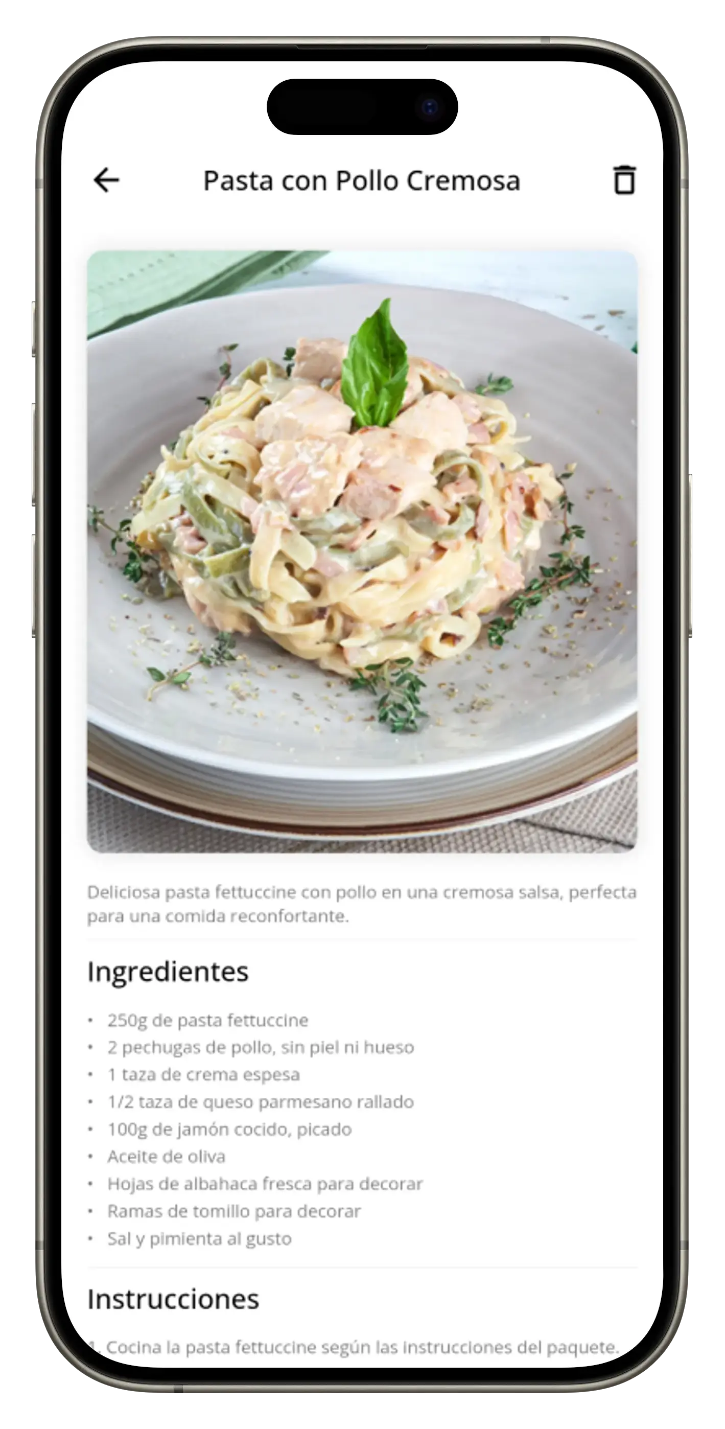 App pantalla de receta